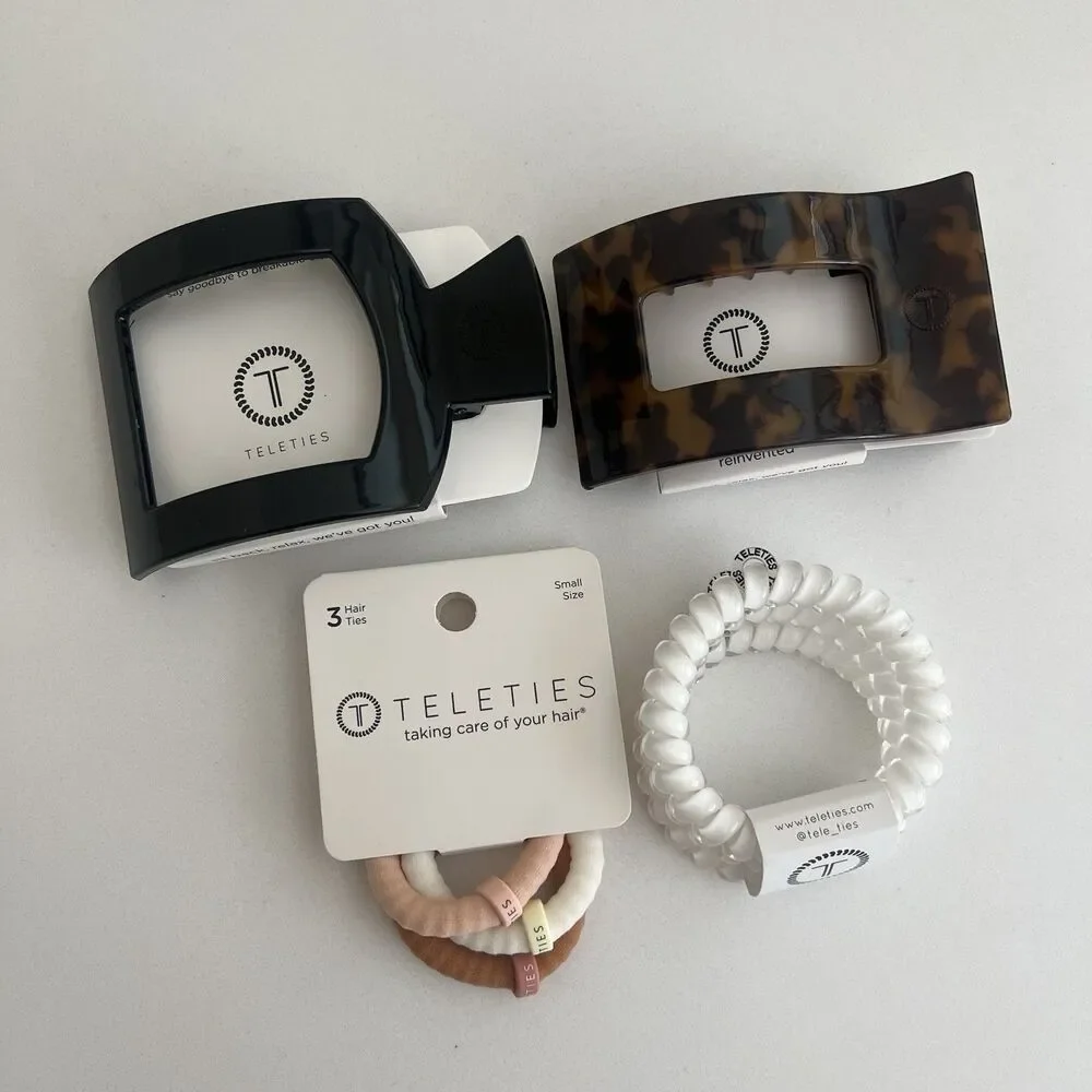 Teleties Flat Hair Clips Spiral & Elastic Hair Ties Black Tortoise Brown 4 Piece